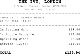 Photographed receipt from The Ivy, London