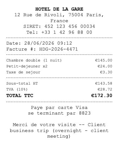 Receipt from Hotel de la Gare, Paris
